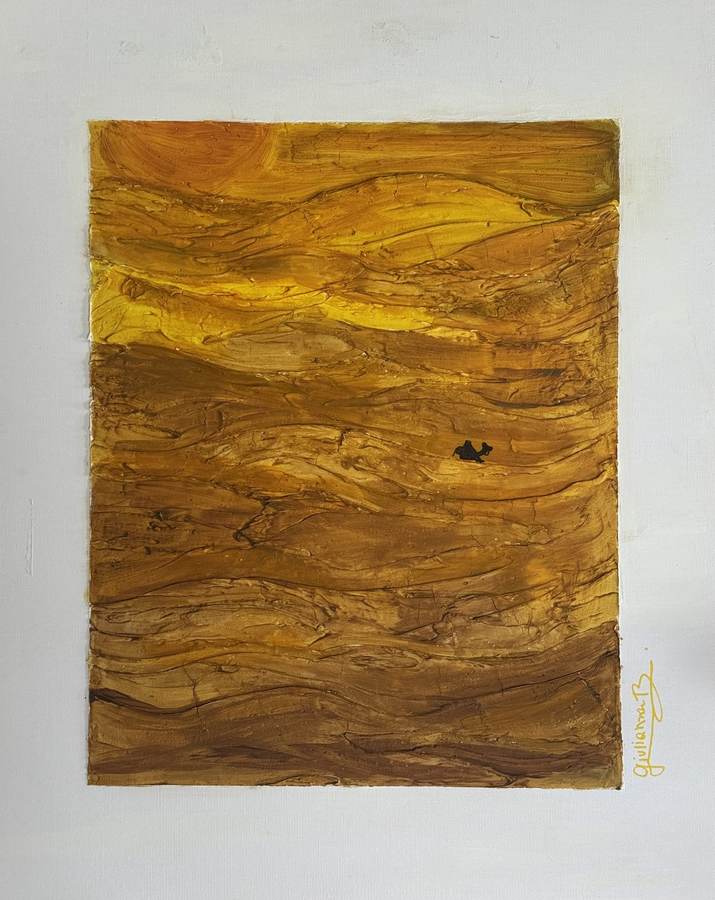 Desert — original painting, layered ochre and gold strata crossed by a small caravan