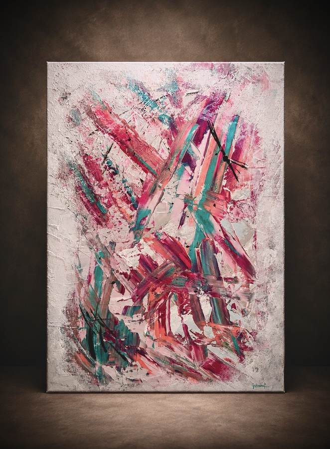 Dreamy — original painting, energetic strokes of pink, magenta and teal over a textured white ground