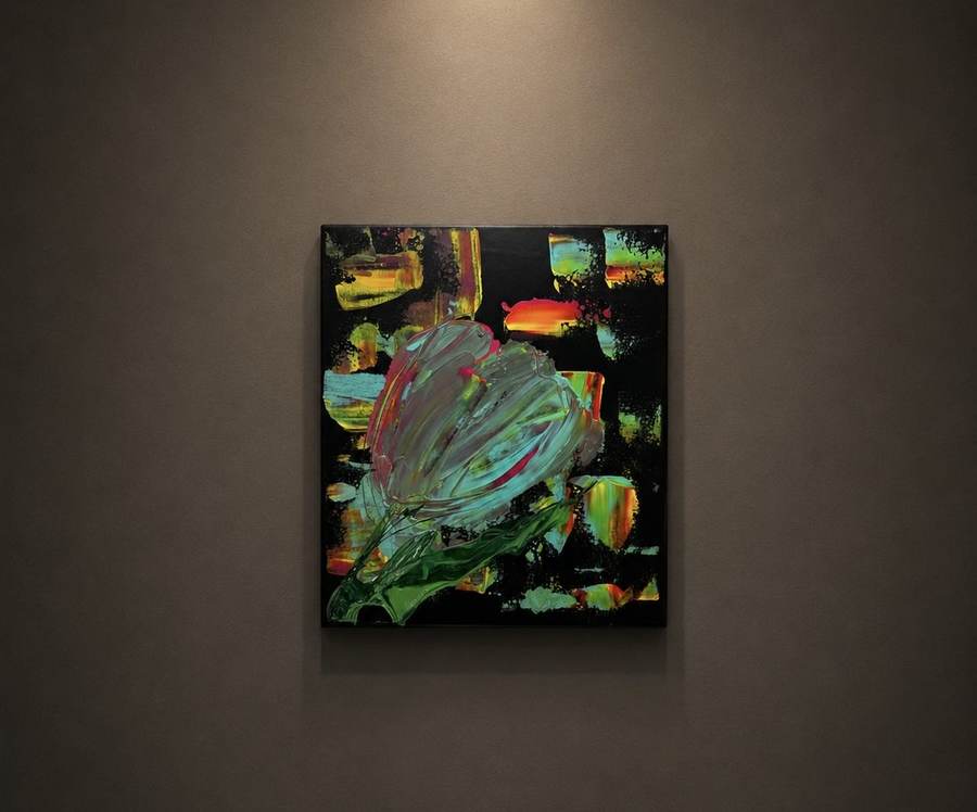 Dutch Flower — original painting of a tulip in thick sculptural paint against a black ground