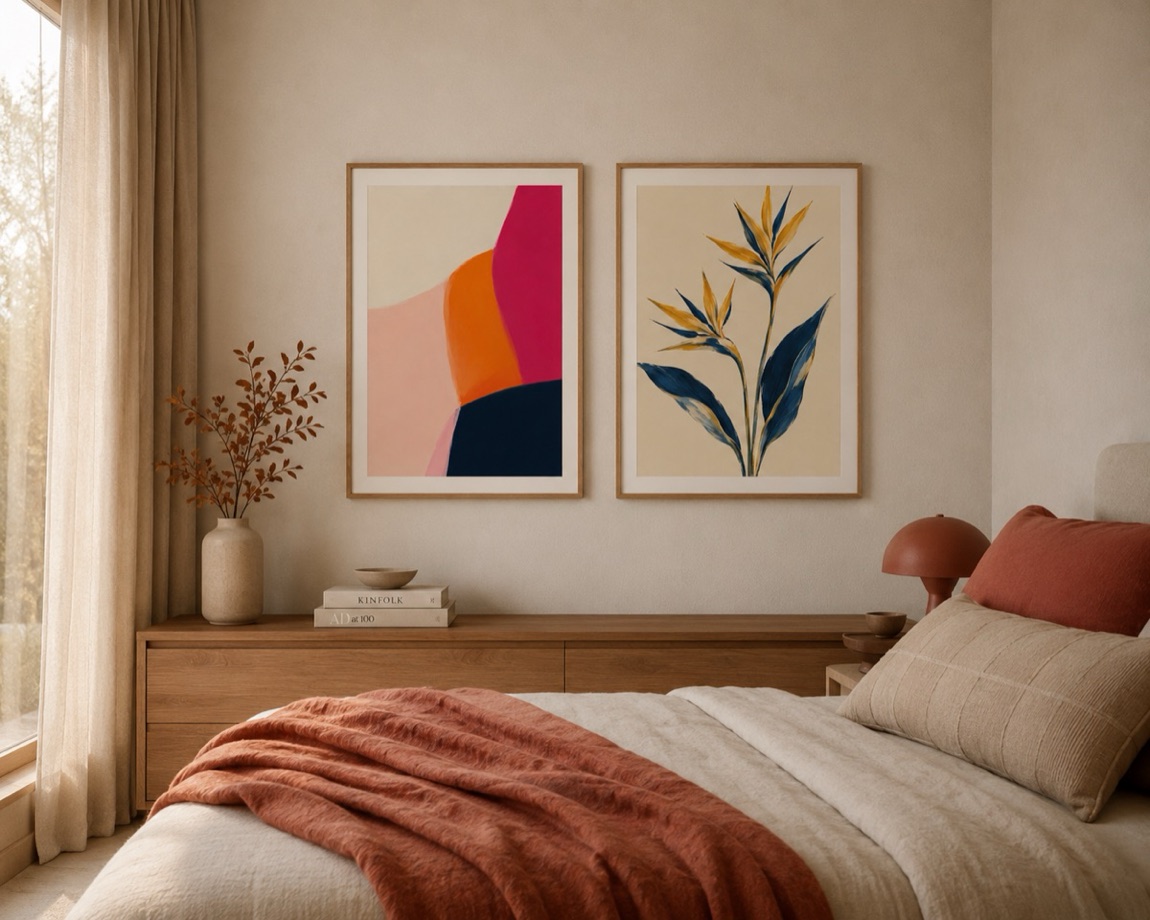 A styled room with framed prints on the wall