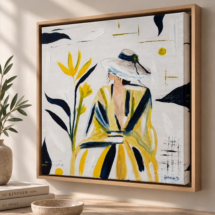 Bird of Paradise — original painting of a woman in a wide-brimmed hat beside a bird of paradise flower, by Giulianna Boscardin