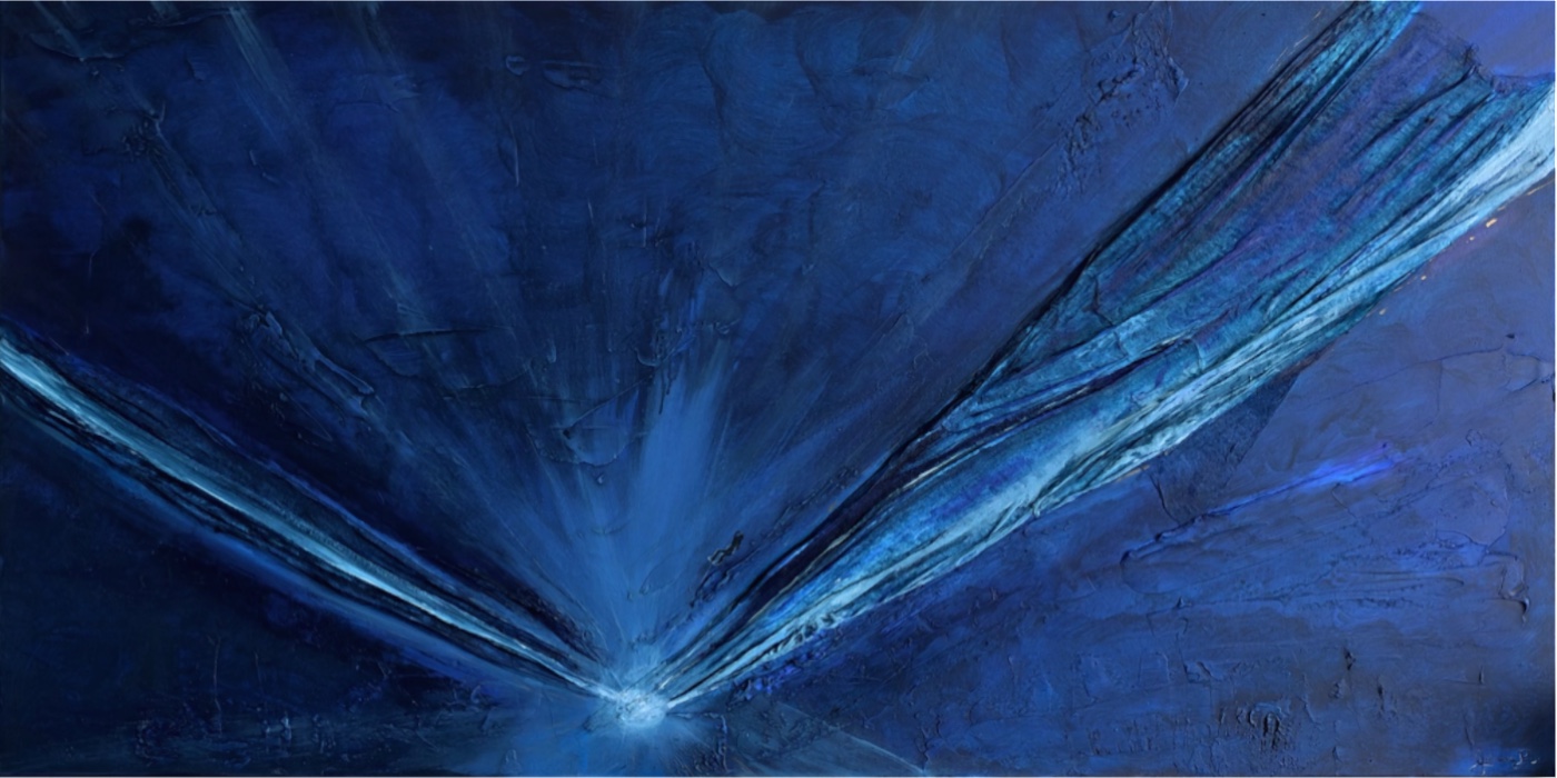 Ocean Light — original painting, deep blue textured canvas with two streaks of light rising from a single glowing point, by Giulianna Boscardin