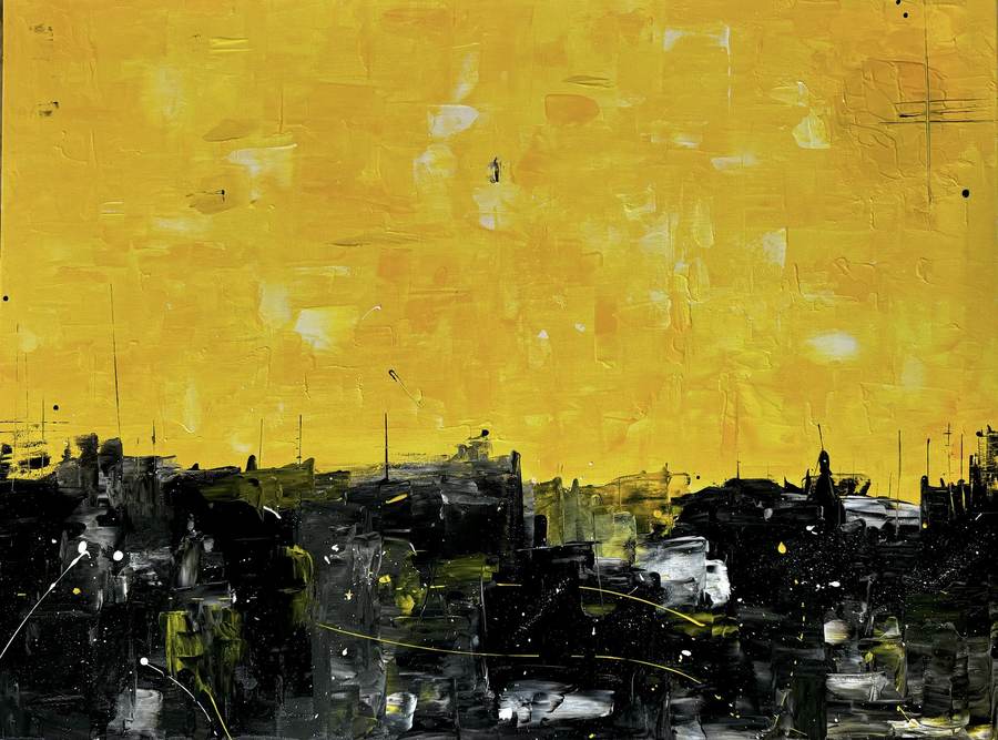 The Space in Between — original painting of a city skyline dissolving under a heavy golden sky