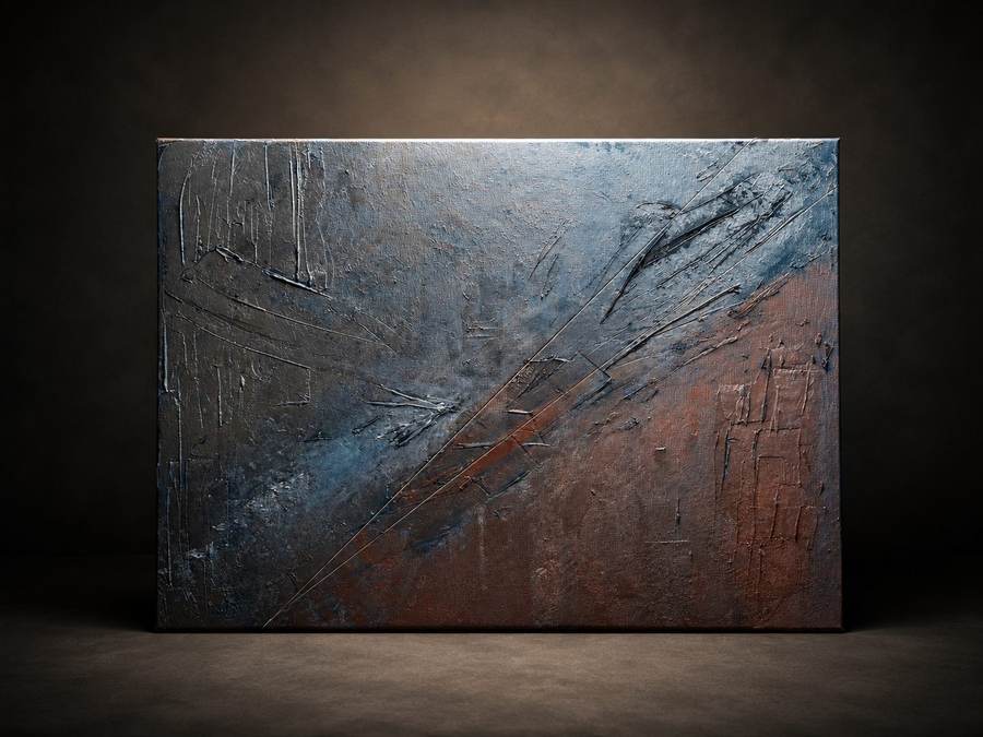 Two Hearts — original painting, steel blue meeting rust across a deeply textured surface
